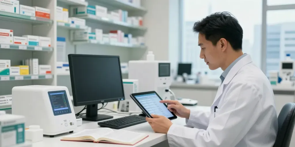 Semi controlled medicines UAE pharmacist accessing drug database in a modern pharmacy.