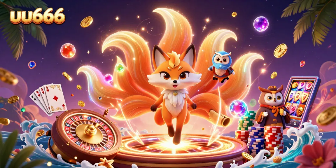 Spin the reels and win big with uu666, featuring a magical 3D fox spirit amidst casino treasures.