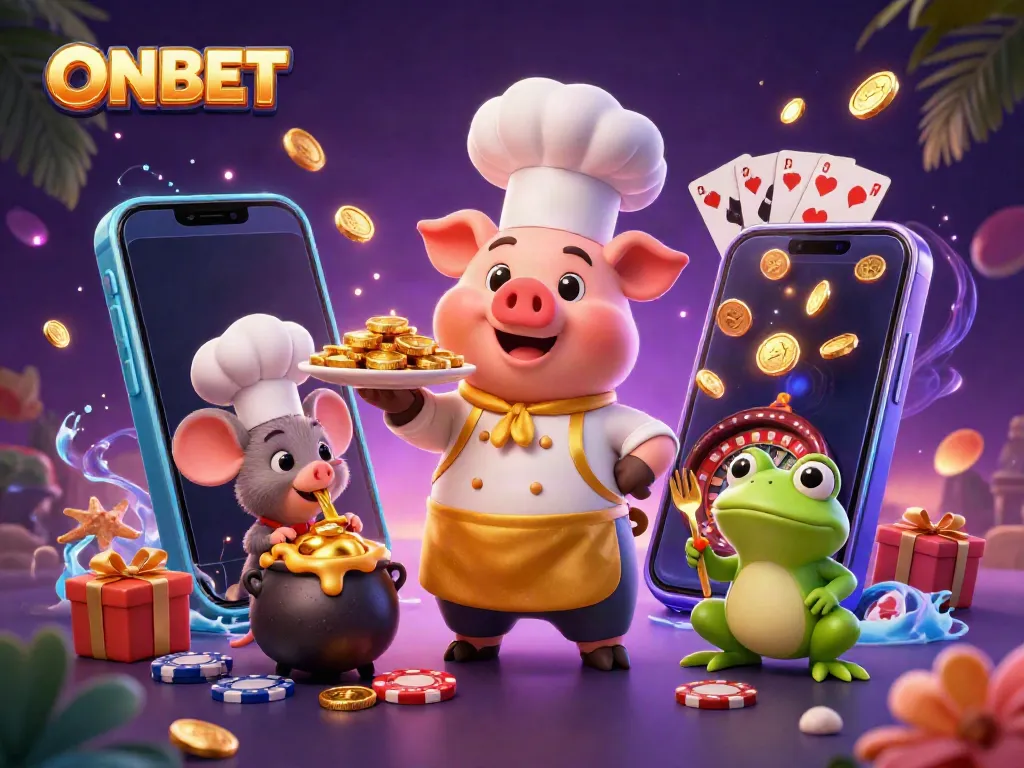 Experience the excitement of ONBET with a whimsical chef pig, mouse, and frog in a golden casino scene.
