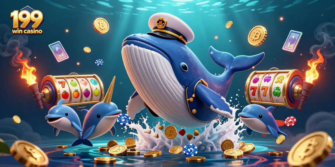 Experience the thrill at 199 win casino with whale, dolphins, and slots in a vibrant underwater scene.
