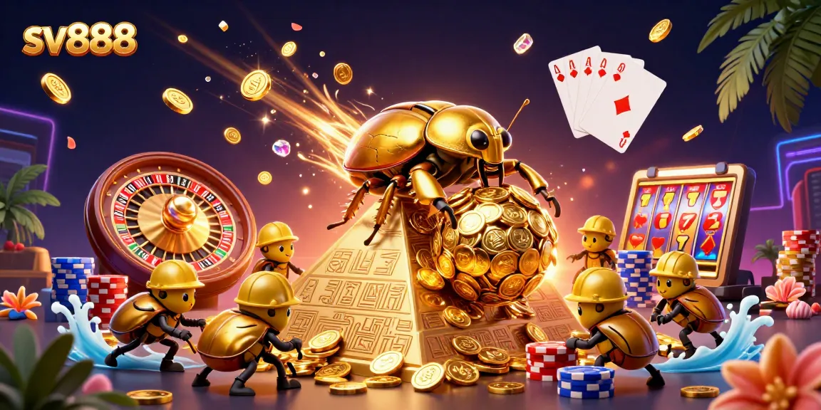 Engage with sv888's dynamic gambling world, featuring a golden beetle and vibrant casino elements.