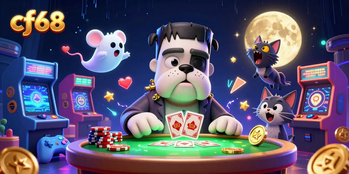 Experience the excitement at cf68 with a lively 3D casino illustration featuring unique characters and gaming elements.