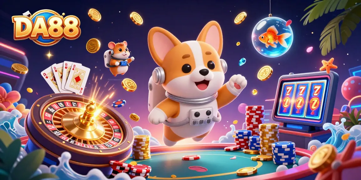 Experience the excitement of DA88 in a vibrant casino scene with a whimsical astronaut corgi.