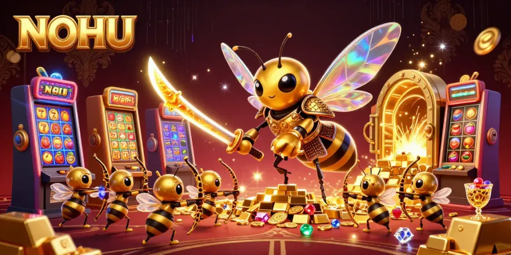Experience thrilling jackpots at NOHU with bee warriors and golden treasures in an exciting casino scene.