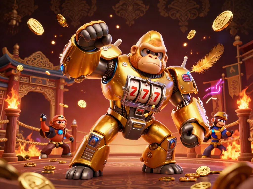 Experience the thrill of đá gà trực tiếp c1 with a dynamic illustration featuring a golden gorilla mech and battle arena elements.