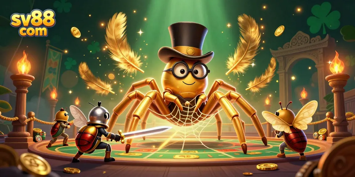 Engage with sv88 com, featuring a golden tarantula and beetle knight in a dynamic casino scene.