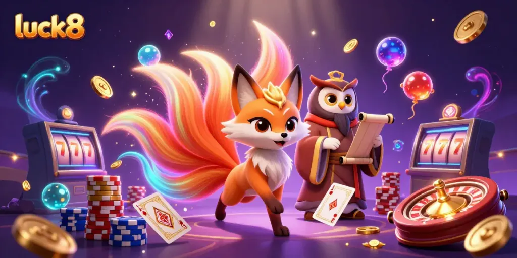 Engage with luck8's dynamic online gaming scene featuring vibrant characters and casino elements in action.