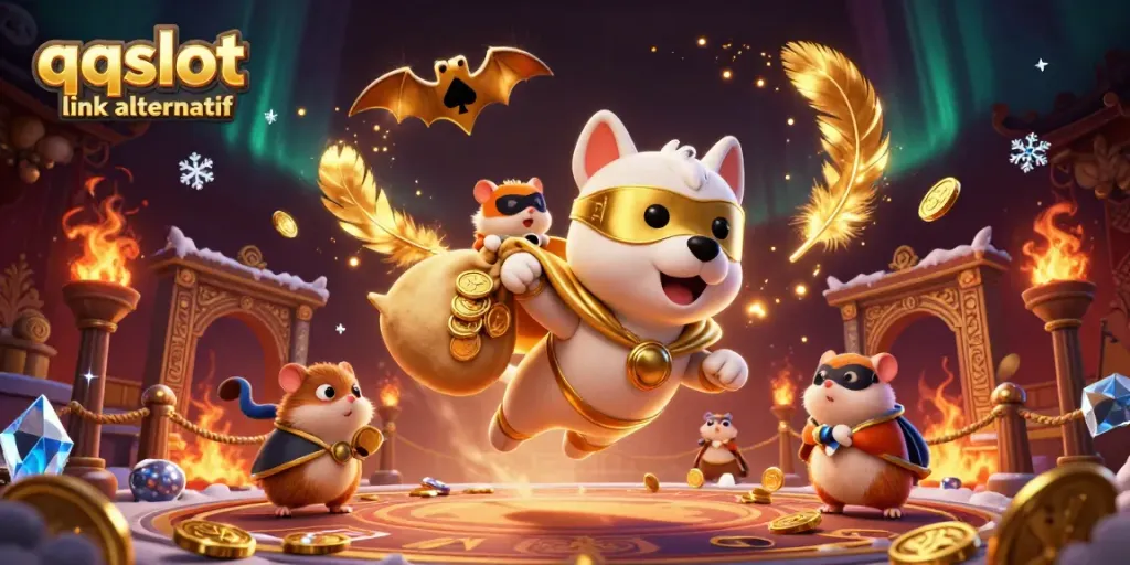 Action-packed scene showcasing a superhero dog and hamster representing qqslot link alternatif amidst vibrant casino elements.
