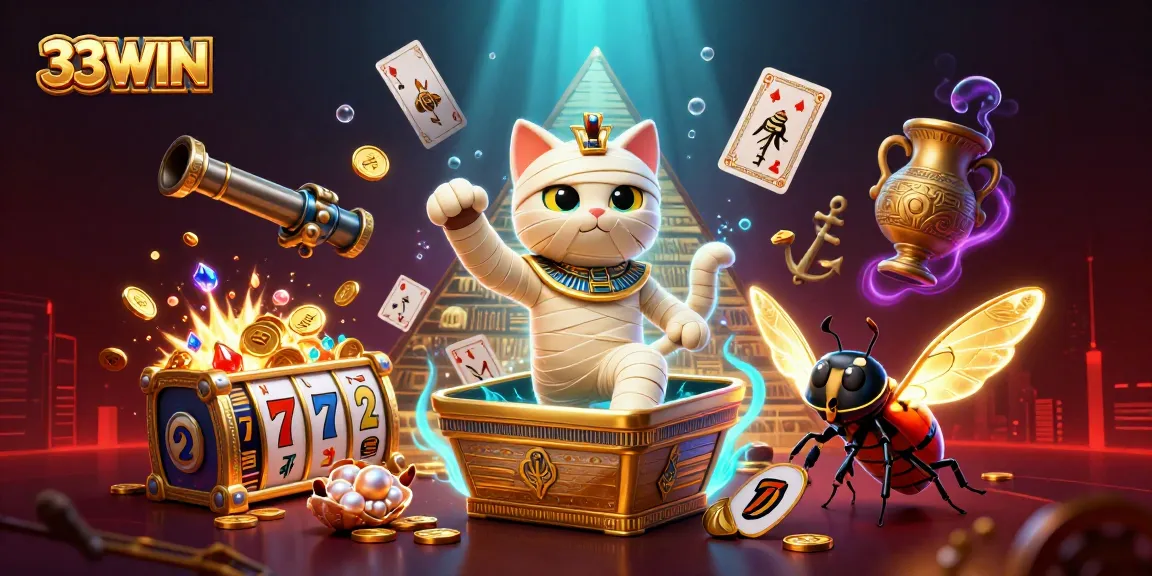 Experience the thrill at 33WIN with the extravagant Egyptian mummy cat and glowing treasures amidst casino themes.