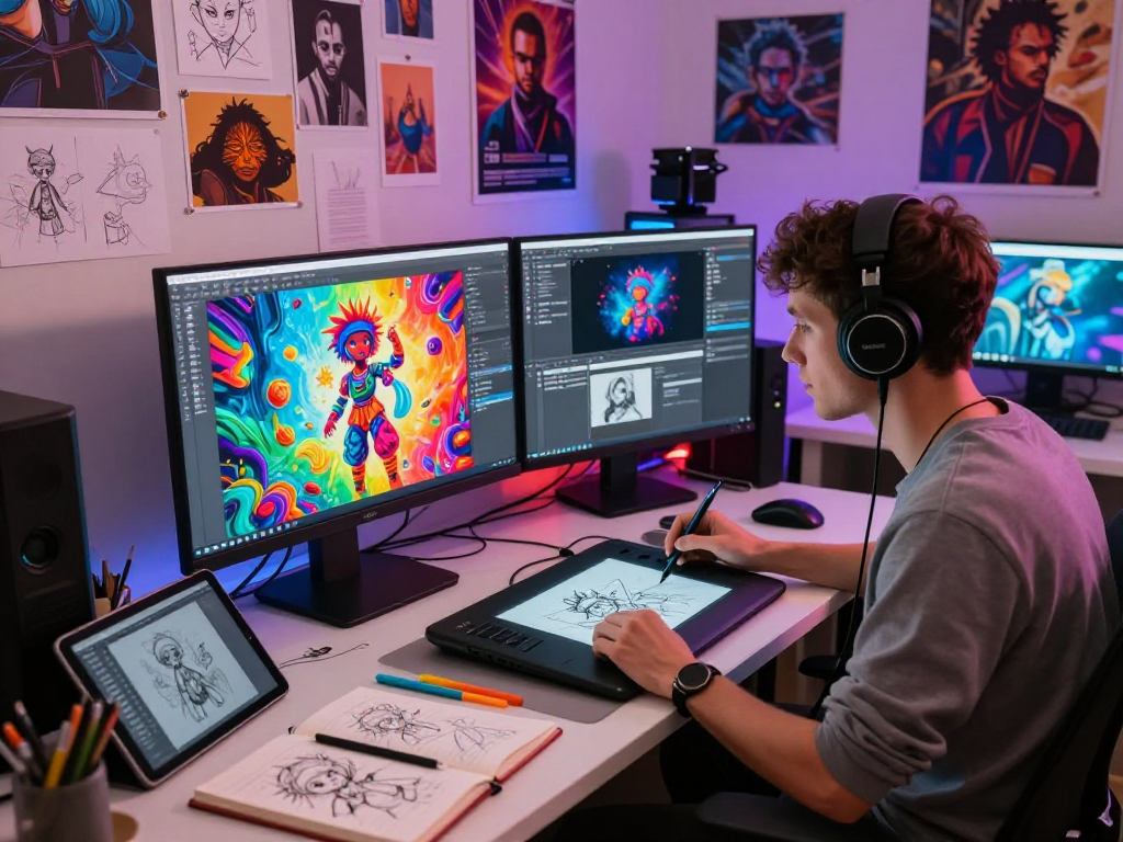 NSFW AI-generated art scene with digital artist focused on creative process.