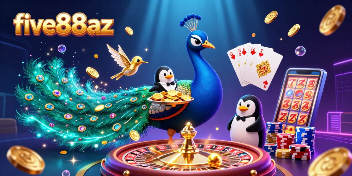 Play thrilling casino games at five88az with a vibrant peacock and penguin in a dazzling scene.