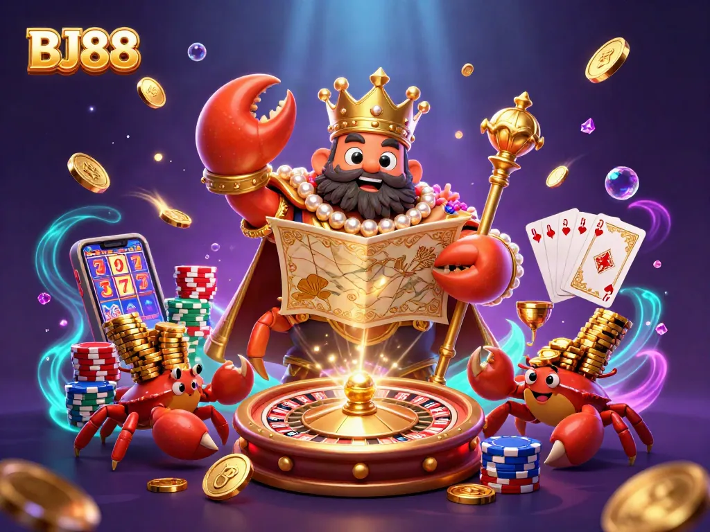 Engage with BJ88's 3D cartoon casino scene featuring a golden crab emperor and vibrant gaming elements.