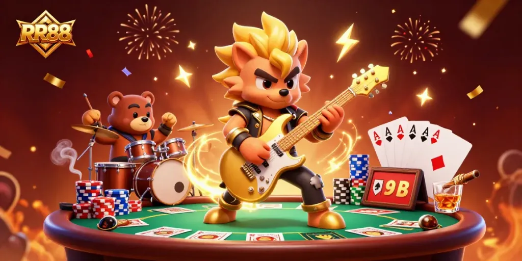 RR88 showcases a lively casino scene where a spiky-haired wolf plays guitar on stage amidst poker excitement.