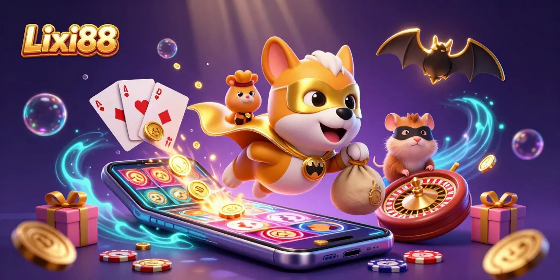 Lixi88 gaming scene with a superhero dog flying, showcasing vibrant casino elements for thrilling betting experiences.