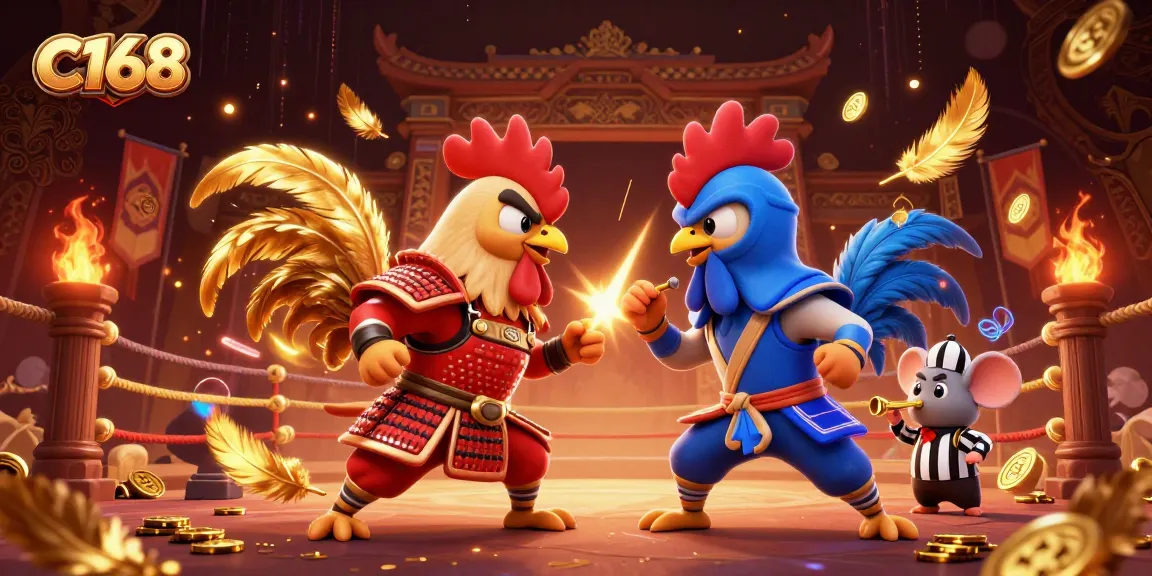 C168 roosters battle in a vibrant fighting arena showcasing thrilling gambling action.