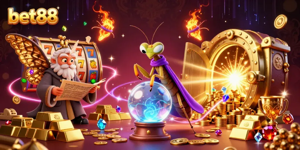 Engaging 3D casino scene showcasing bet88 with fortune teller and vibrant slot elements.