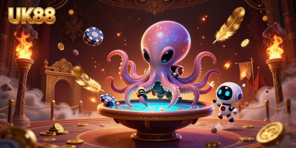 Experience thrilling gameplay at UK88 with a vibrant 3D illustration of an alien octopus at a holographic poker table.