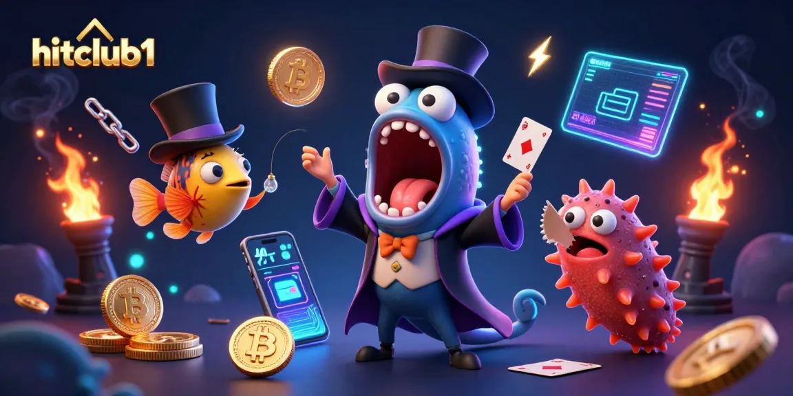 hitclub1 showcases a playful scene with unique creatures in a casino setting, illuminating the gaming world.