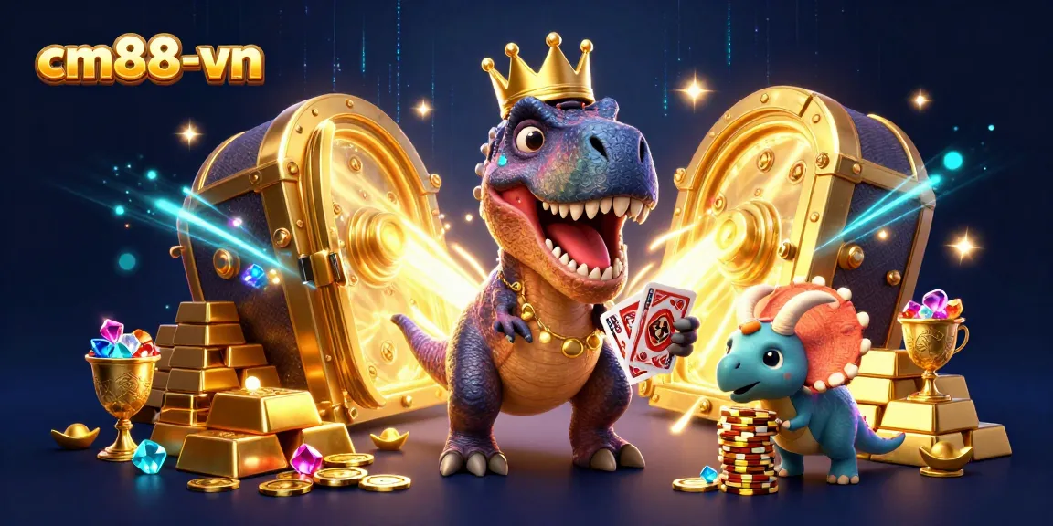 Engage in thrilling games at cm88-vn, featuring animated characters and dazzling casino elements.