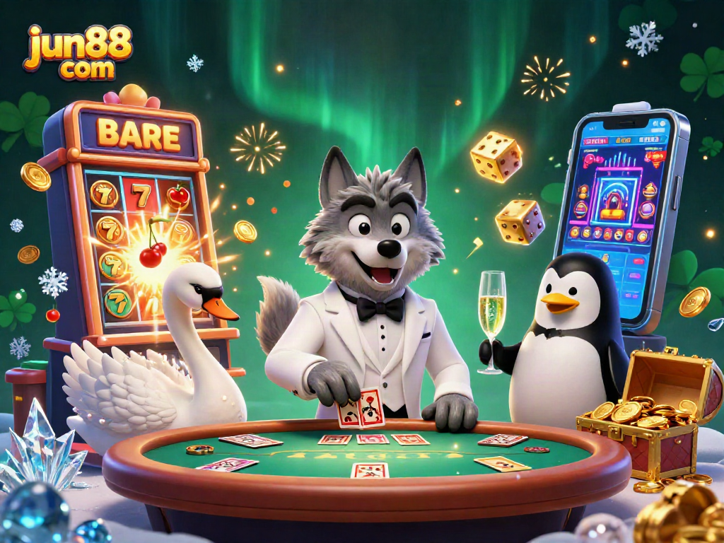 Experience thrilling gaming with jun88 com at a vibrant baccarat table, featuring a debonair wolf and elegant characters.