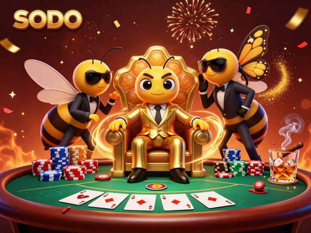 Engaging SODO casino scene with a bumblebee mob boss and poker elements, showcasing vibrant gameplay.