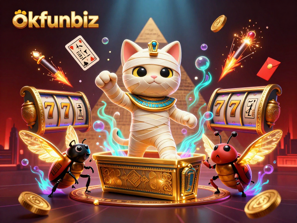 Experience the thrill of gaming at okfunbiz with a vibrant 3D casino illustration filled with action elements.