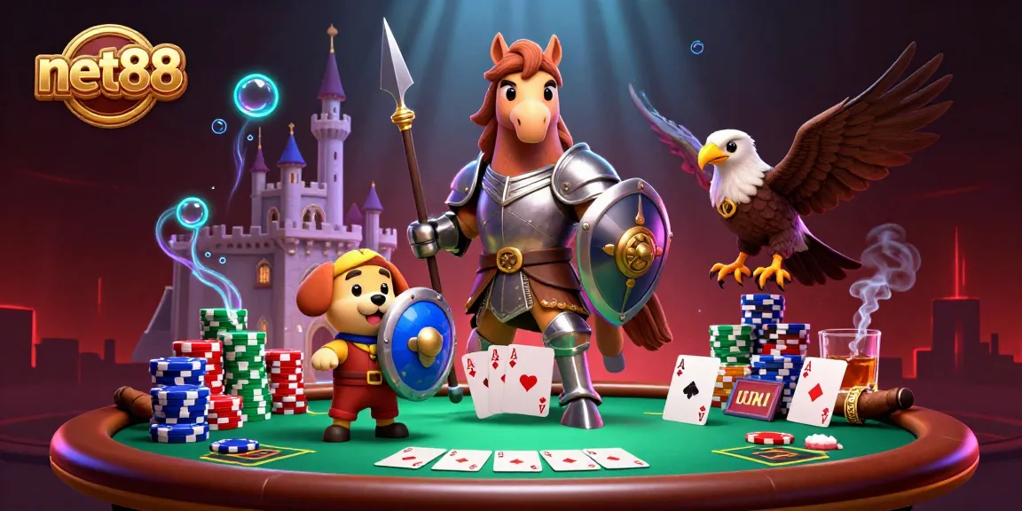 Experience thrilling poker strategies at net88 with a vibrant 3D illustration featuring knights and casino elements.