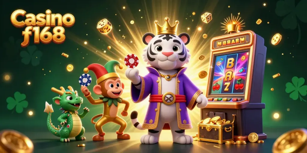 Experience the excitement of Casino f168 with vibrant gaming visuals and characters in this dynamic illustration.