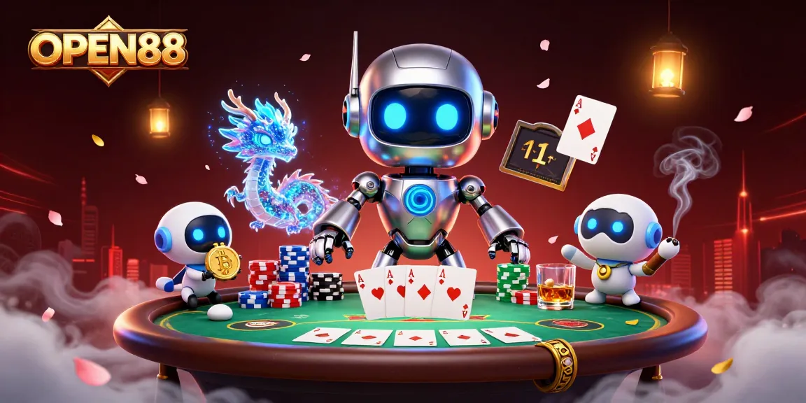 Experience the vibrant action at OPEN88 with a 3D cyberpunk casino scene featuring poker and bitcoin