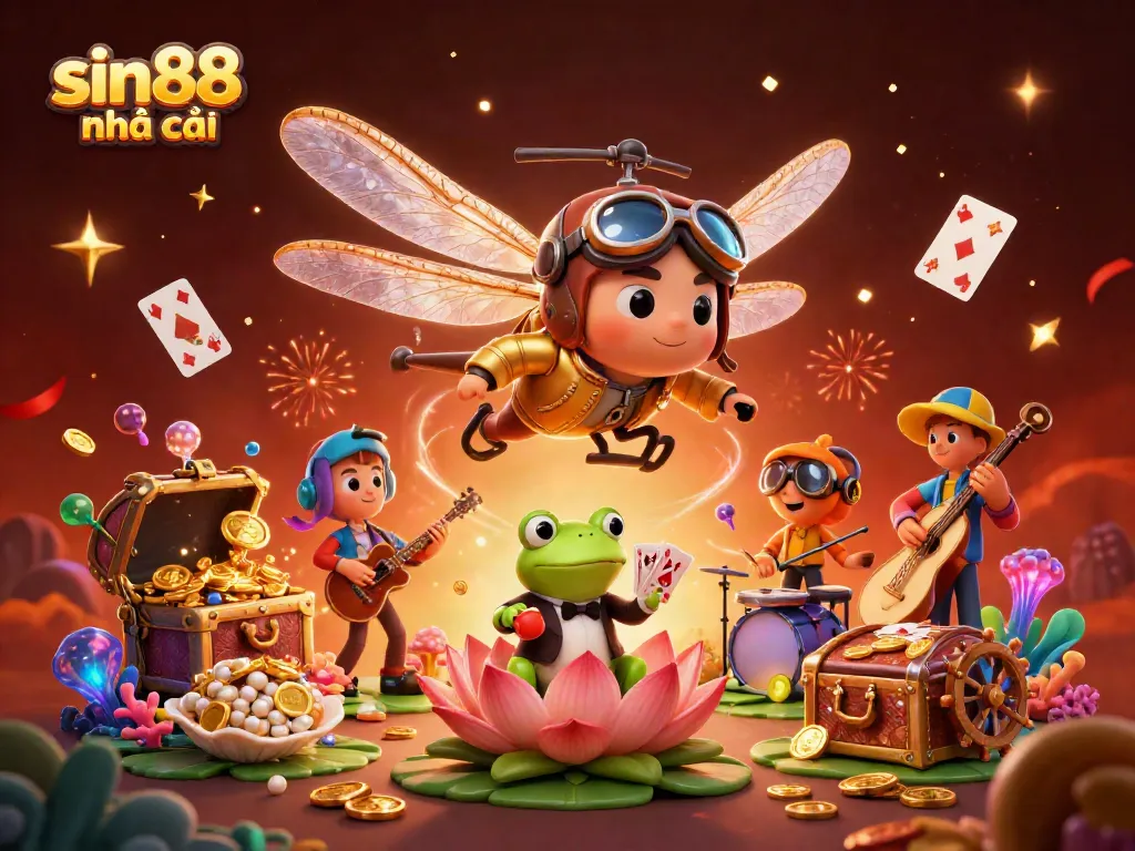 Experience thrilling gameplay at sin88 nhà cái with a vibrant fantasy casino scene featuring a dragonfly pilot, frog croupier, and jazz musicians.
