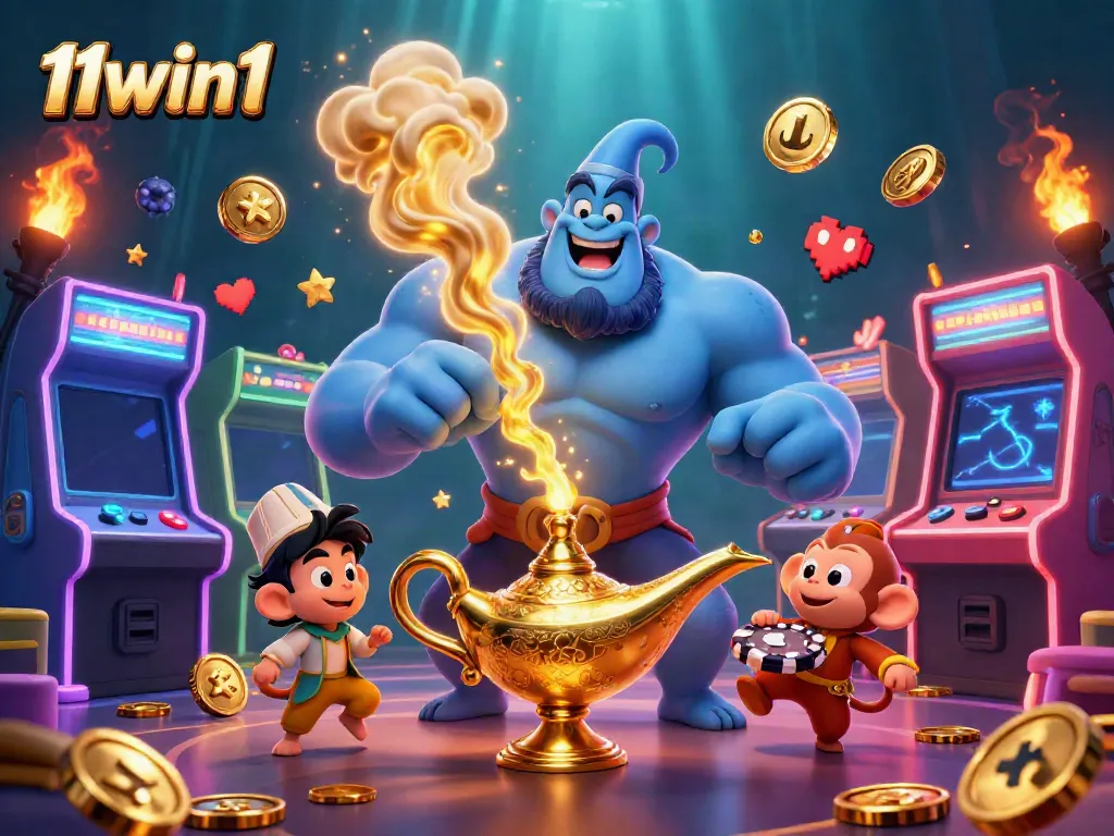 Experience thrilling fun with 11win1's lively casino scene featuring a magical genie, poker chips, and arcade machines.
