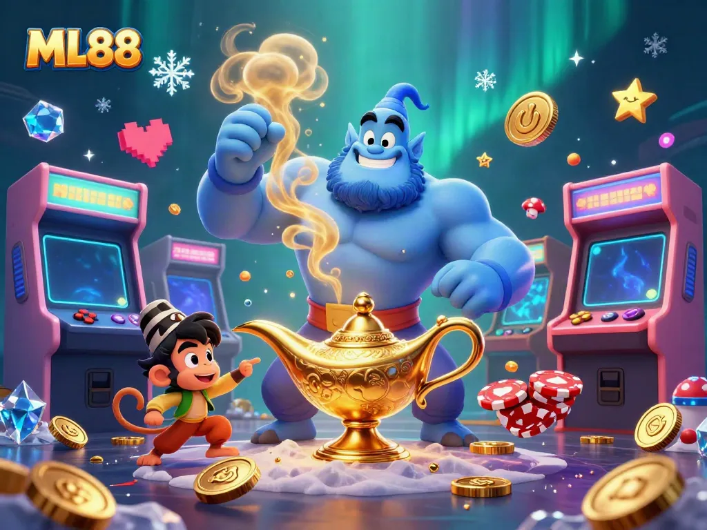 Experience the thrill of ML88 with vibrant casino elements featuring a powerful genie, jewels, and poker chips.