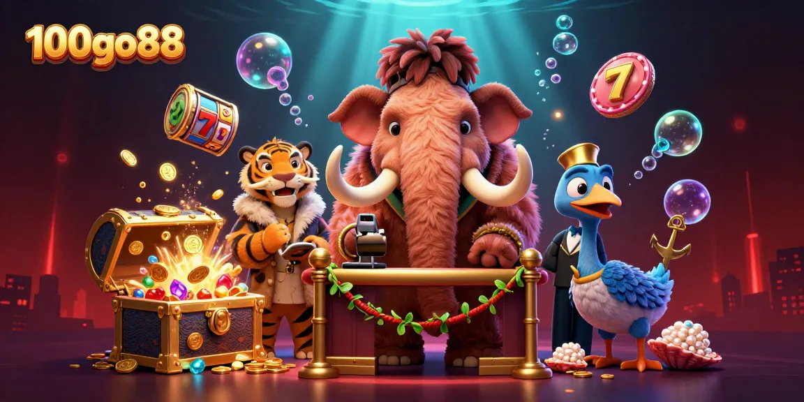 Join the fun at 100go88 with a vibrant casino scene featuring a woolly mammoth bouncer and a saber-tooth VIP!