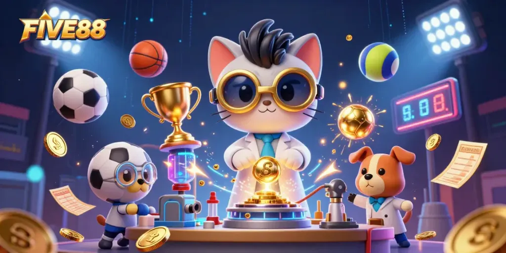 Experience the excitement of FIVE88 with a dynamic illustration featuring a mad scientist cat and lab assistant dog creating fortune amidst sports betting excitement.