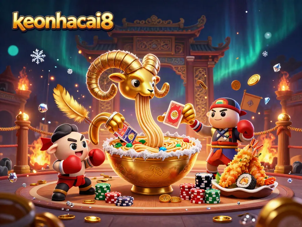 Engage with keonhacai8 in this dynamic 3D illustration of a ramen bowl dealer stacked with chips, amidst vibrant casino elements.