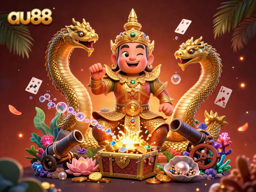 Engage in the thrilling world of au88 with a vibrant 3D casino scene featuring exotic guardians and underwater treasures.