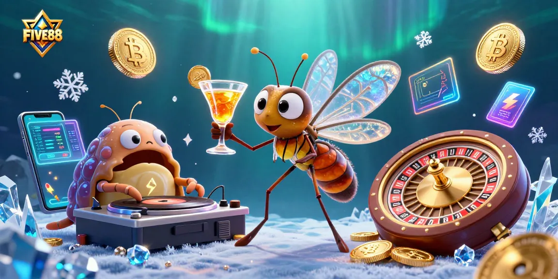 Experience thrilling gameplay at FIVE88 with a 3D cartoon mosquito mascot and fossil DJ in a vibrant casino.