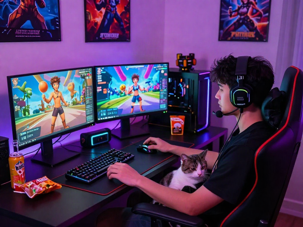 Gamer engaged in html porn games with dual monitors and vibrant RGB lighting