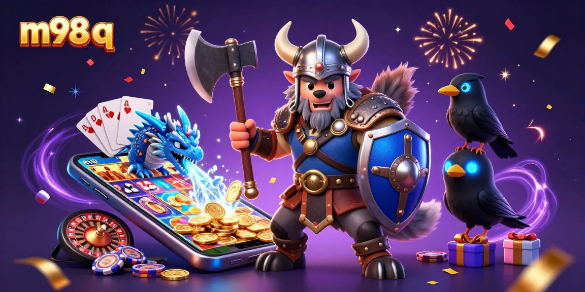 Experience the magic of m98 q with a vibrant illustration of a Viking wolf warrior amidst exciting casino elements.