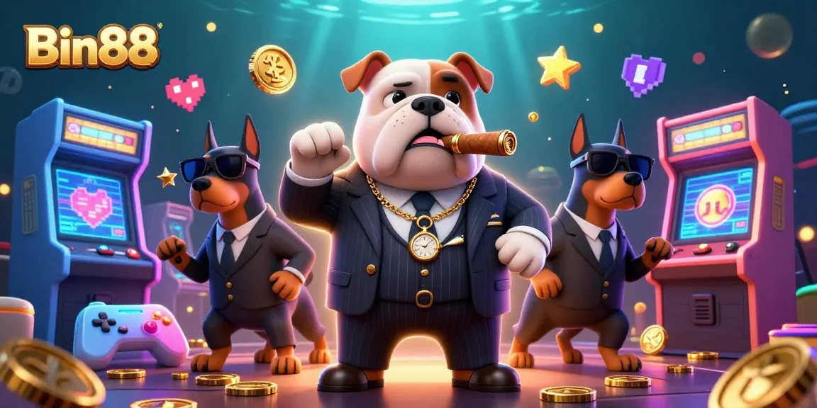 Win jackpots at Bin88 with the mafia boss and bodyguard Doberman pinschers in this vibrant casino scene.