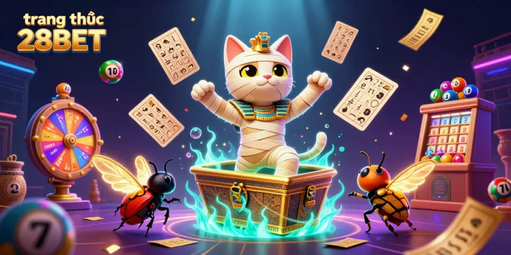Engage with the thrilling dynamics of trang chủ 28BET as a cartoon mummy cat bursts from a golden sarcophagus in a vibrant casino setting.