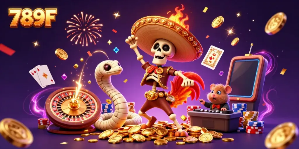 Experience thrilling wins at 789F with a celebration of casino games featuring vibrant characters and dynamic elements.