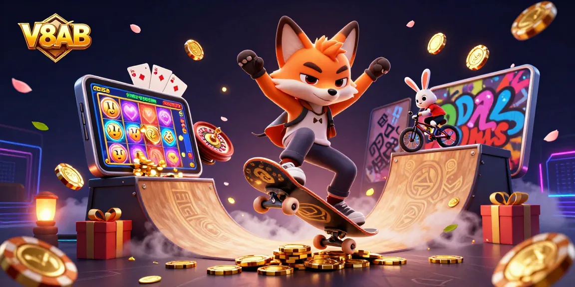 Experience high-energy gaming action at V8AB with a vibrant casino illustration featuring winning moments.