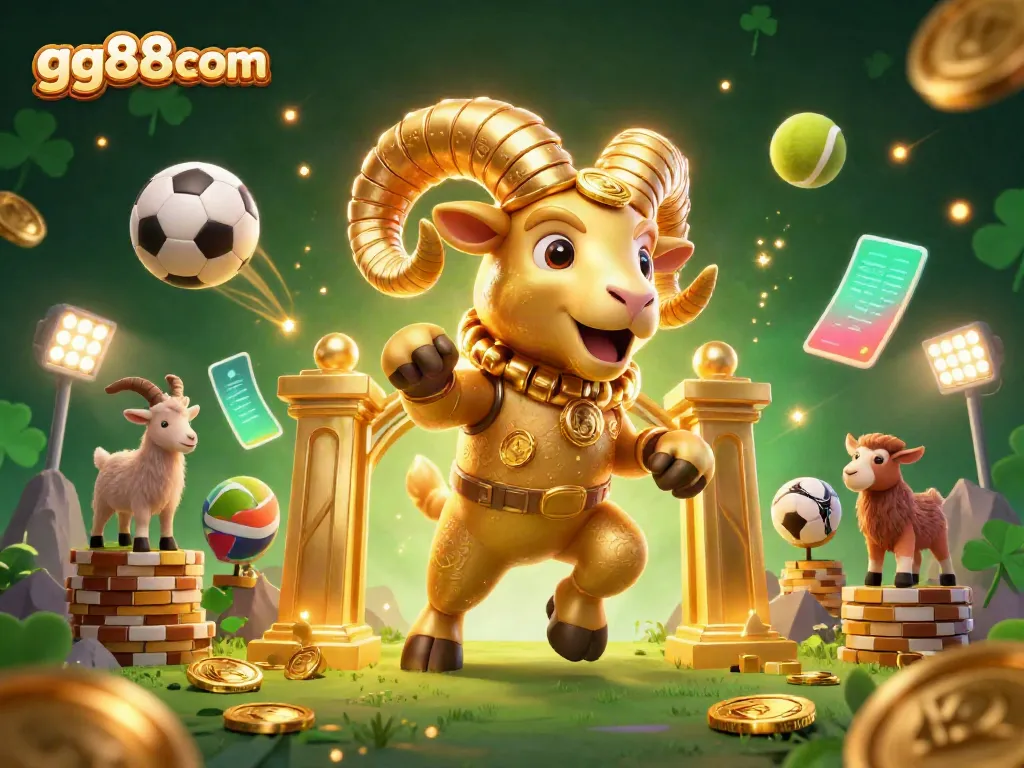 Engage with the exciting atmosphere of gg88 com, showcasing a golden ram charging through a vibrant casino scene filled with sports elements.