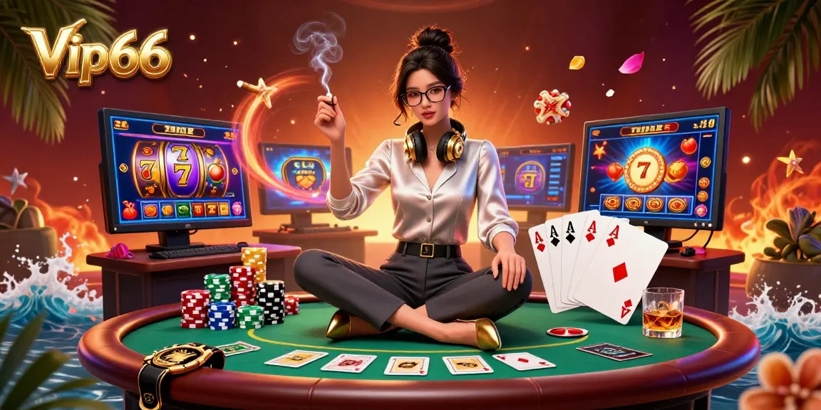 Experience vip66 gaming with vibrant slot reels and poker elements in this dynamic casino scene.