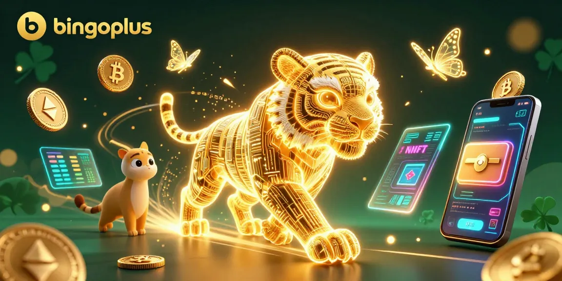 Experience bingoplus with vibrant casino energy from a neon tiger in a digital landscape.