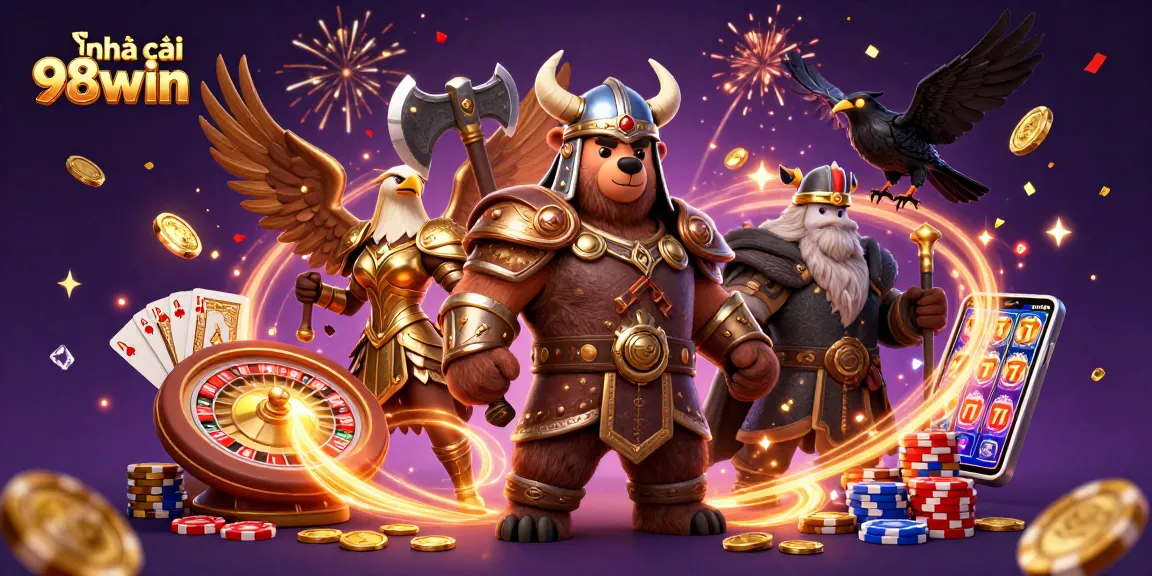 Engage with exciting games at nhà cái 98win, featuring vibrant characters and dazzling casino elements.