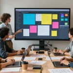 Collaborative team using a mix board to brainstorm ideas in a creative workspace