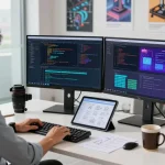 Developer using an AI image generator at a modern tech workspace with dual monitors and a vibrant coding environment