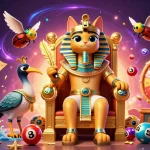Kèo nhà cái illustration featuring an Egyptian pharaoh cat and lottery elements surrounded by colorful balls and golden rewards.